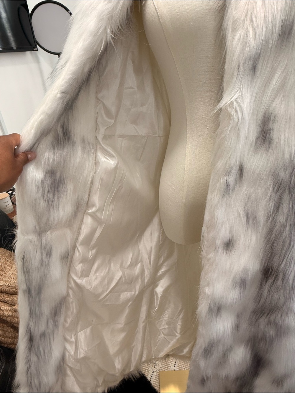 Long Faux Fur Coat in White and Gray - Picture 6 of 12